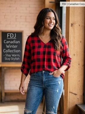 FDJ Red and Black Buffalo Plaid V-Neck Blouse
